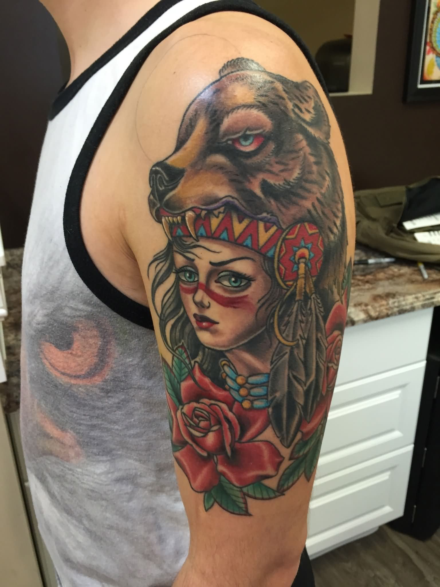 Traditional Bear Head Women With Rose Tattoo On Man Left Half Sleeve