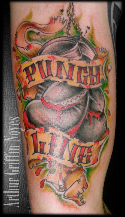 Traditional Boxing Gloves With Banner Tattoo On Half Sleeve