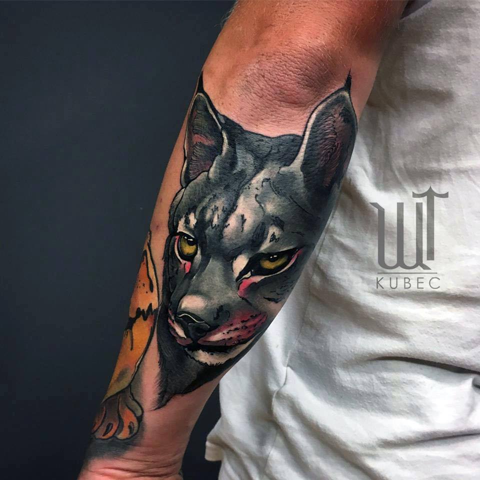 Traditional Cat Head Tattoo On Left Arm