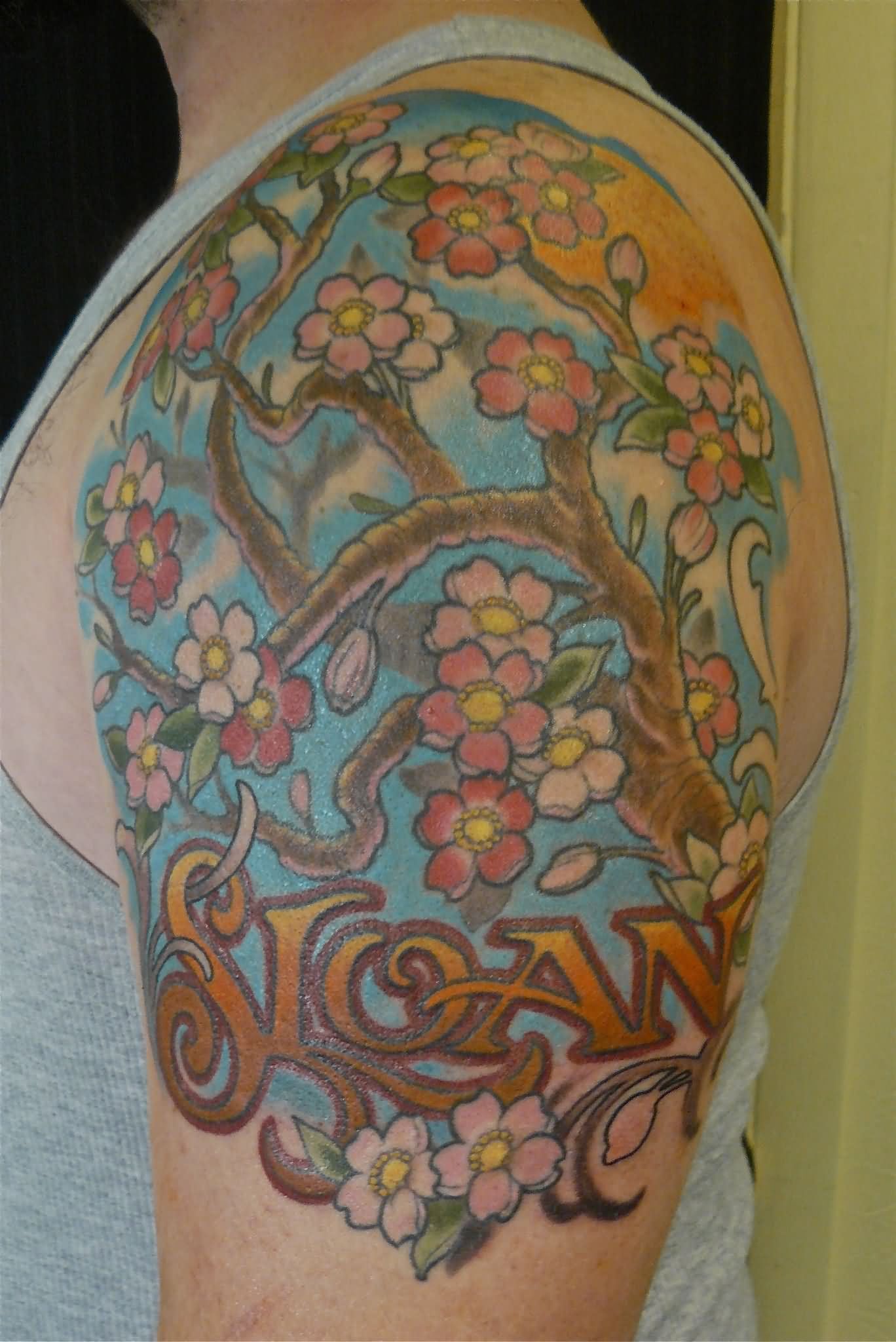 Traditional Cherry Blossom Tree Tattoo On Left Half Sleeve