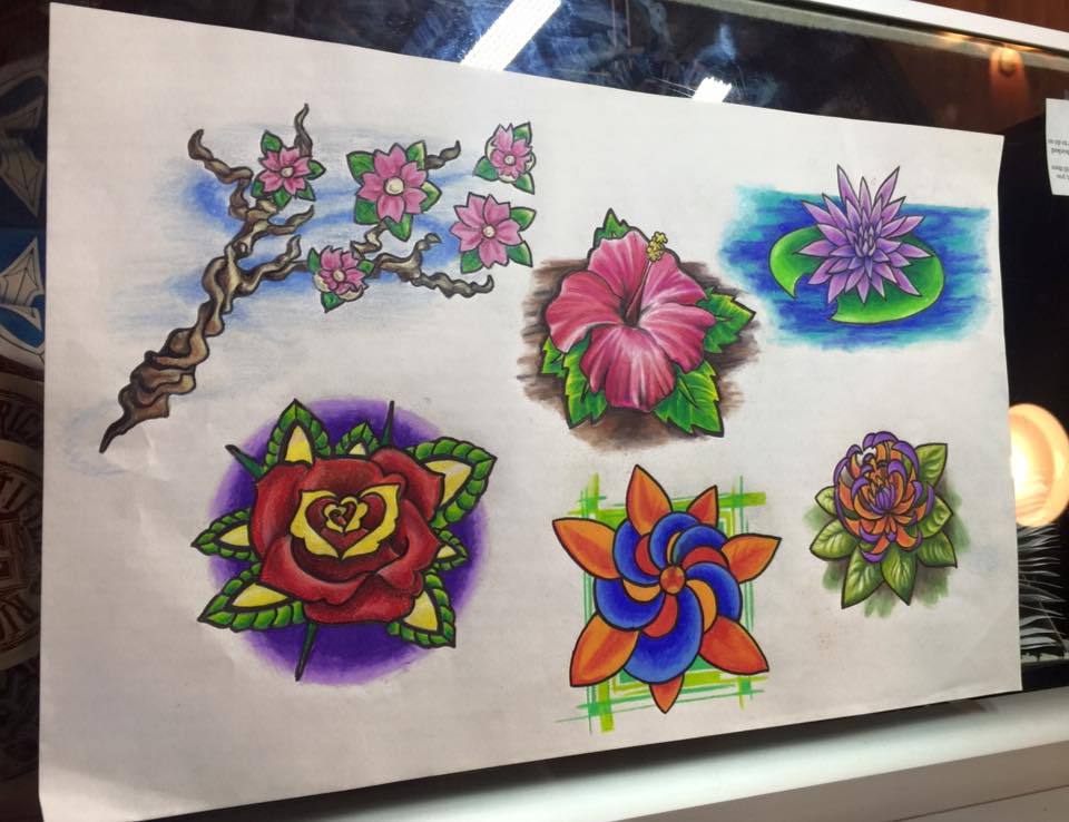 Traditional Colorful Flowers Tattoo Design