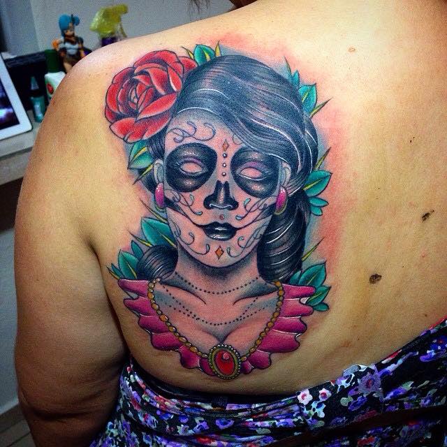 Traditional Dia De Los Muertos Girl Face With Rose Tattoo On Women Left Back Shoulder By Pig Legion