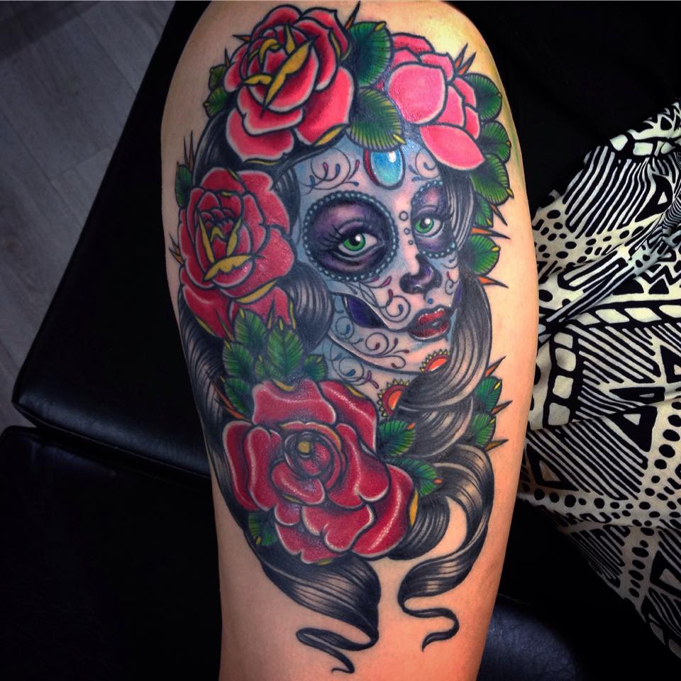 Traditional Dia De Los Muertos Girl Face With Roses Tattoo Design For Thigh By Pig Legion