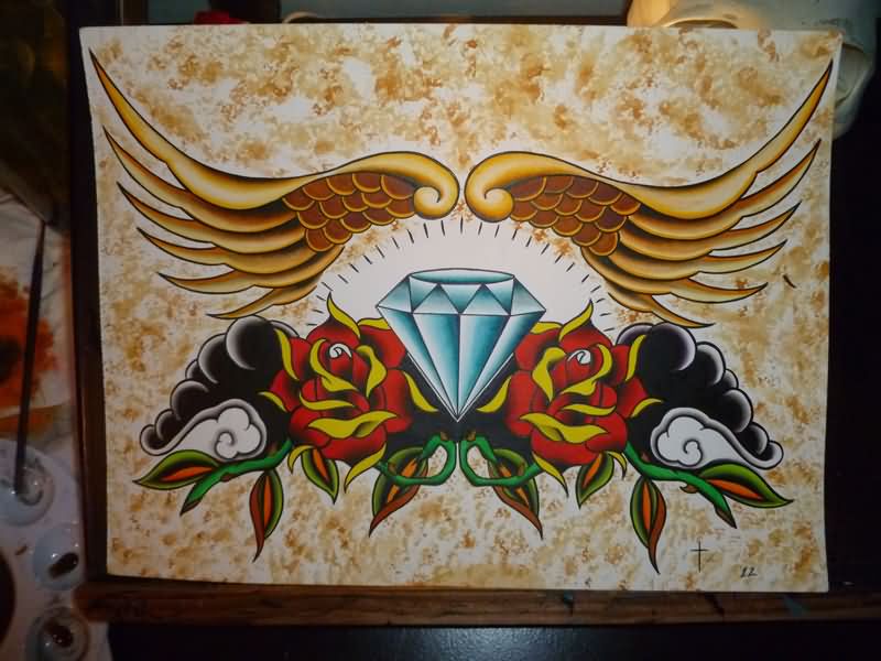 Traditional Diamond With Roses And Wings Tattoo Design