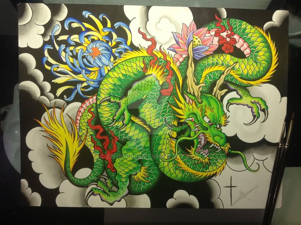 Traditional Dragon With Flowers Tattoo Design By Tyler Bishop.