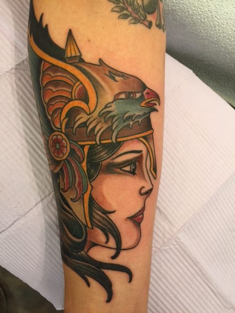 Traditional Eagle Head Women Face Tattoo Design For Forearm