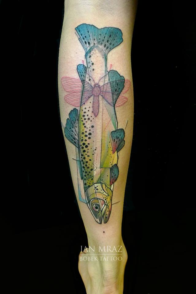 Traditional Fish Tattoo On Left Leg