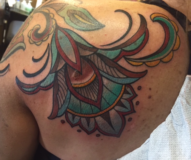 Traditional Flower Tattoo On Left Back Shoulder