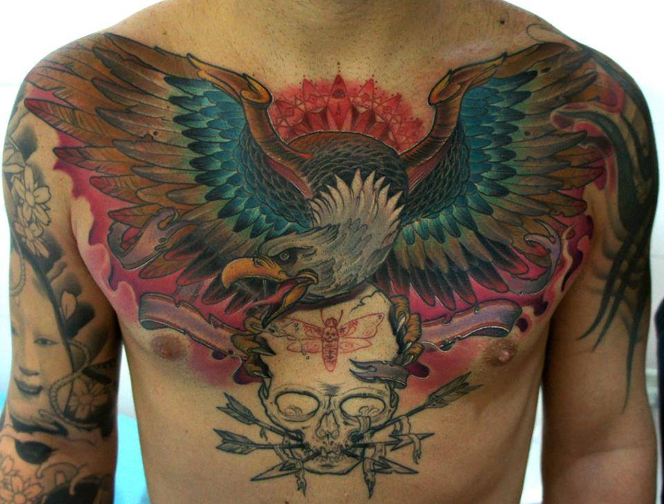 Traditional Flying Eagle Tattoo On Man Chest