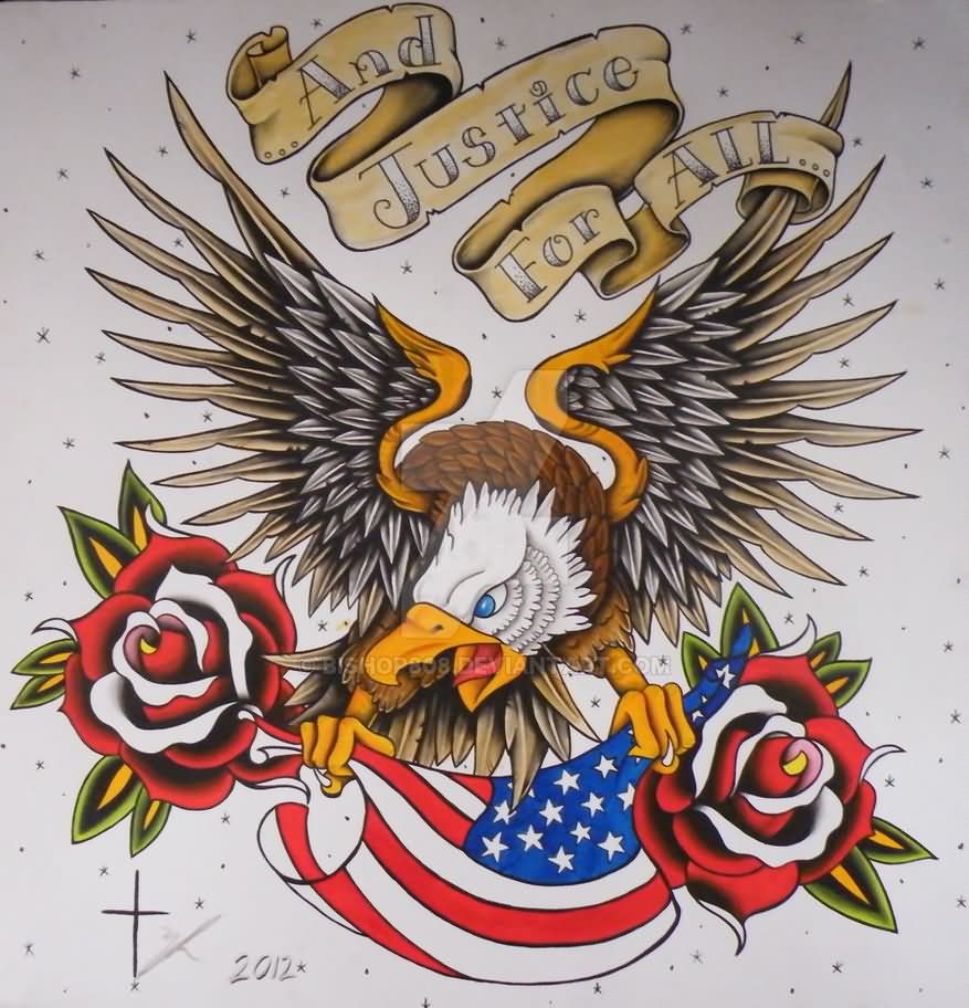 Traditional Flying Eagle With USA Flag And Roses Tattoo Design