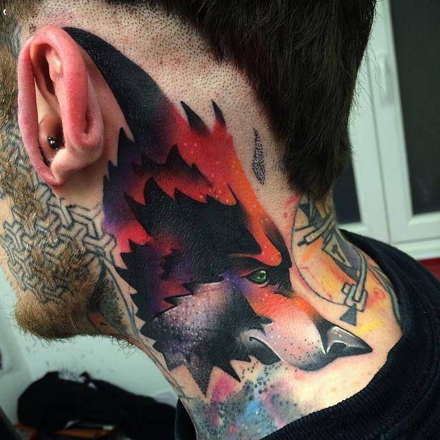 Traditional Fox Head Tattoo On Man Side Neck By Giena Todryk
