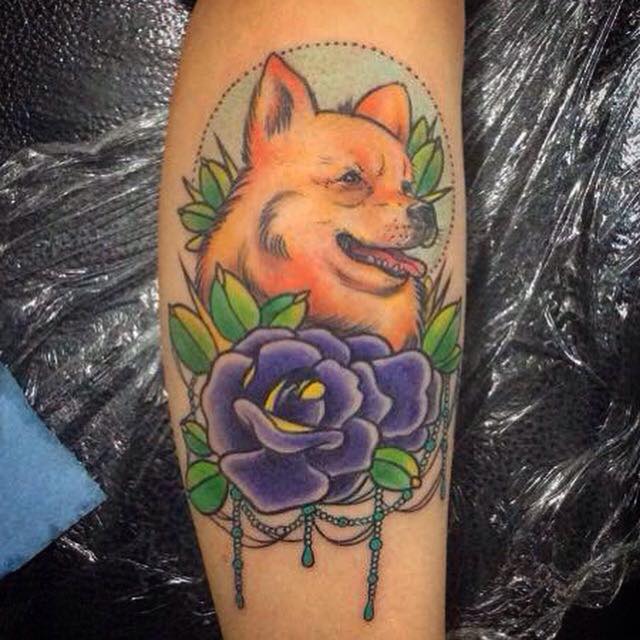 Traditional Fox Head With Rose Tattoo On Leg Calf