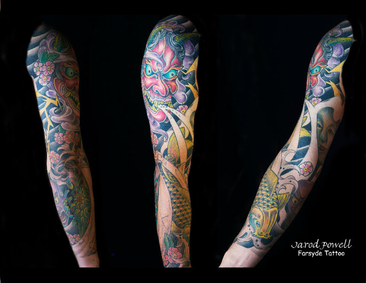 Traditional Hannya With Koi Fish Tattoo On Right Full Sleeve By Jarod Powell
