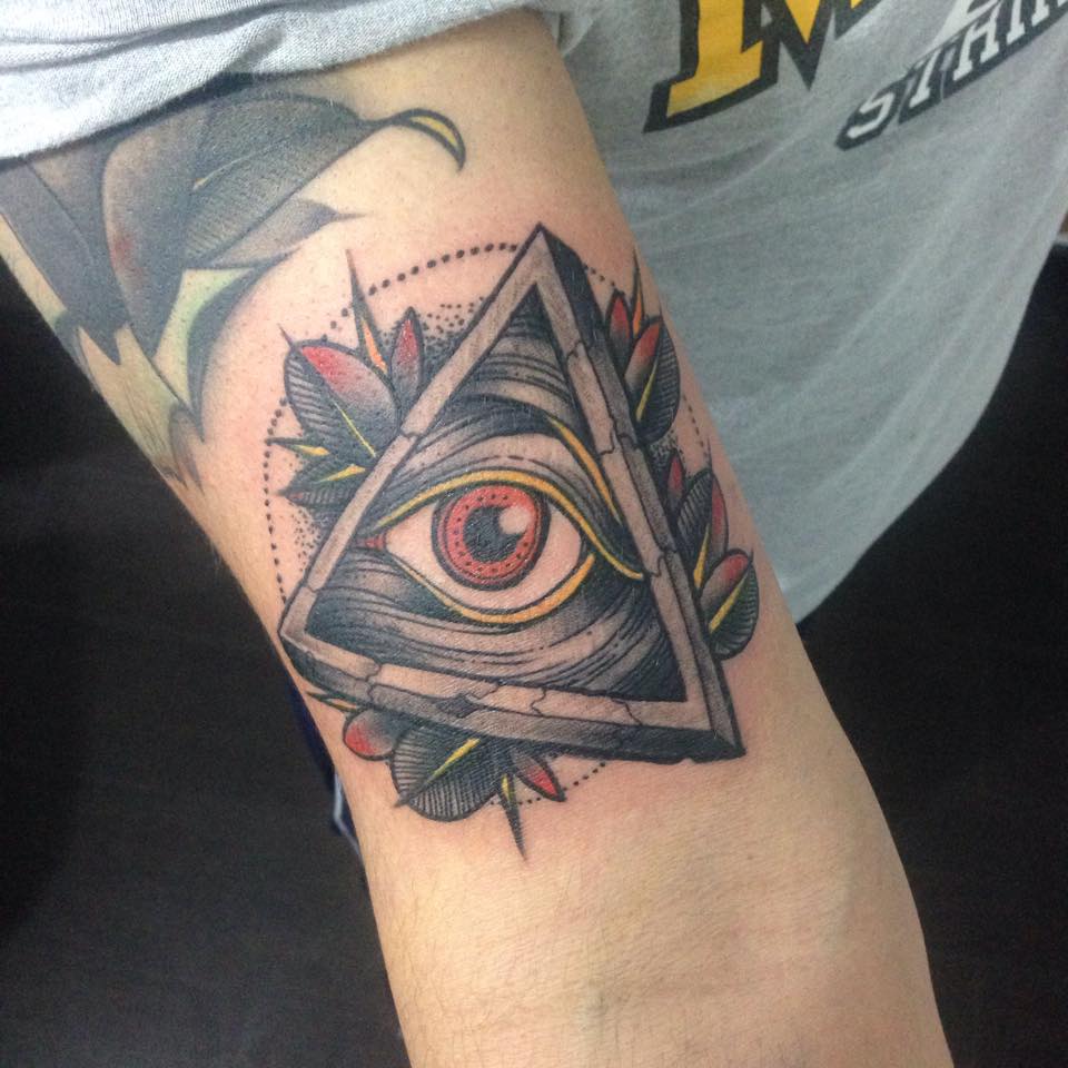 Traditional Illuminati Eye Tattoo On Right Bicep By Pig Legion