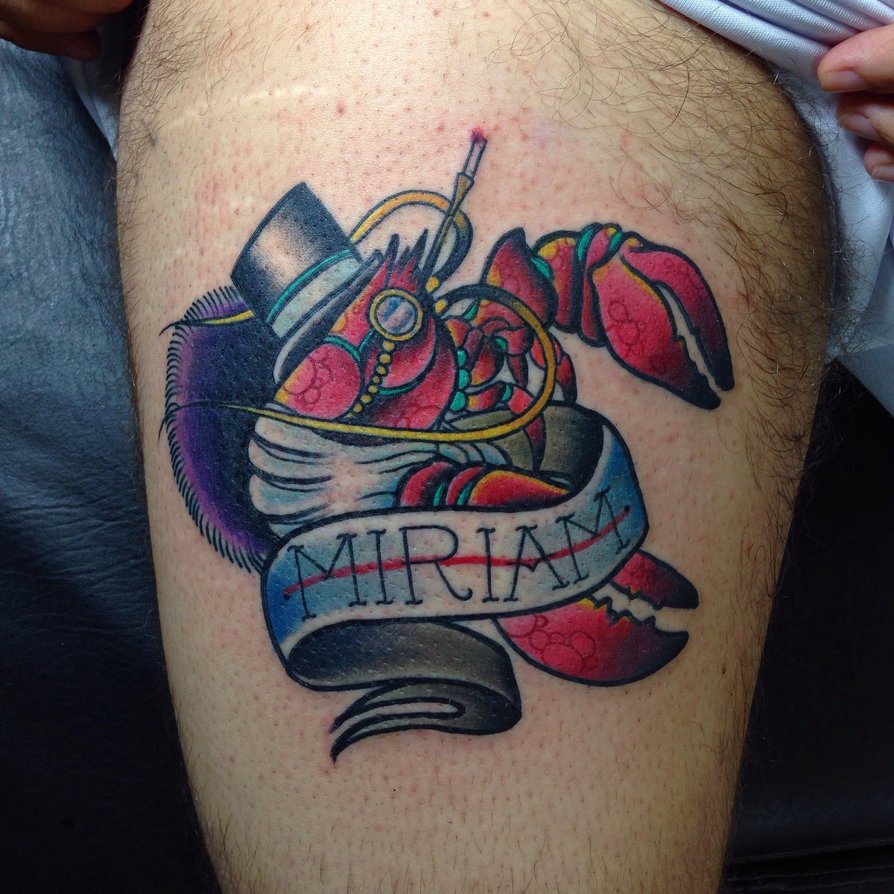 Traditional Lobster With Banner Tattoo On Right Shoulder.