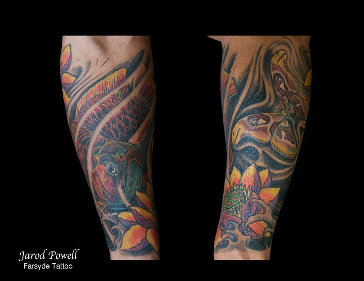 Traditional Lotus Flower With Koi Fish Tattoo On Right Arm