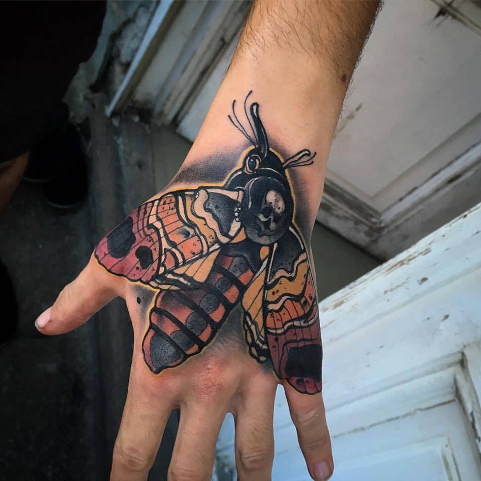 Traditional Moth Tattoo On Left Hand By Kubec