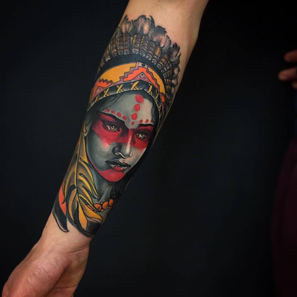 Traditional Native Women Head Tattoo On Right Forearm