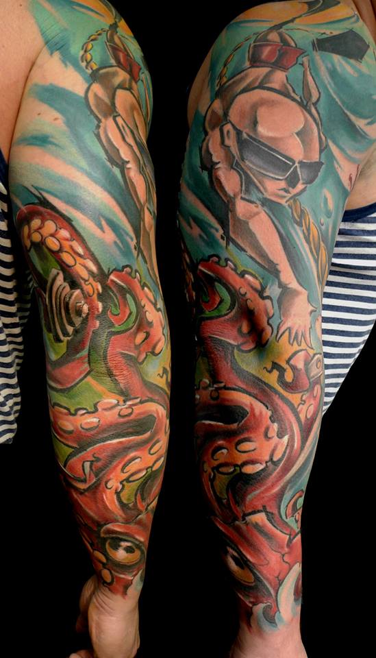 Traditional Octopus Tattoo On Right Full Sleeve By Peter Bobek
