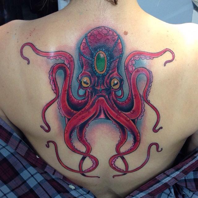 Traditional Octopus Tattoo On Upper Back