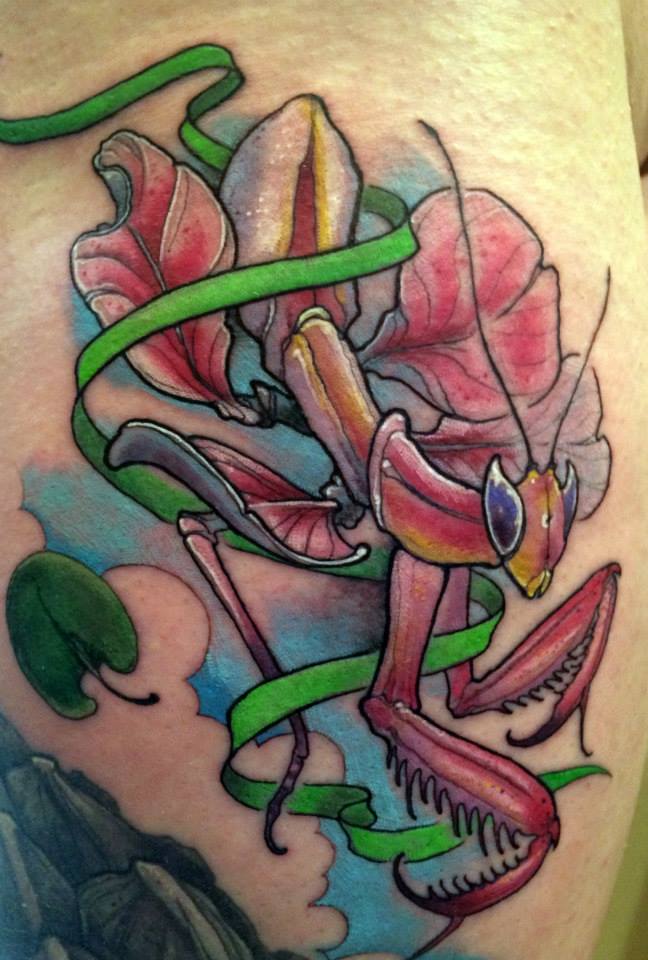 Traditional Orchid Mantis Tattoo Design By Shawn Hebrank