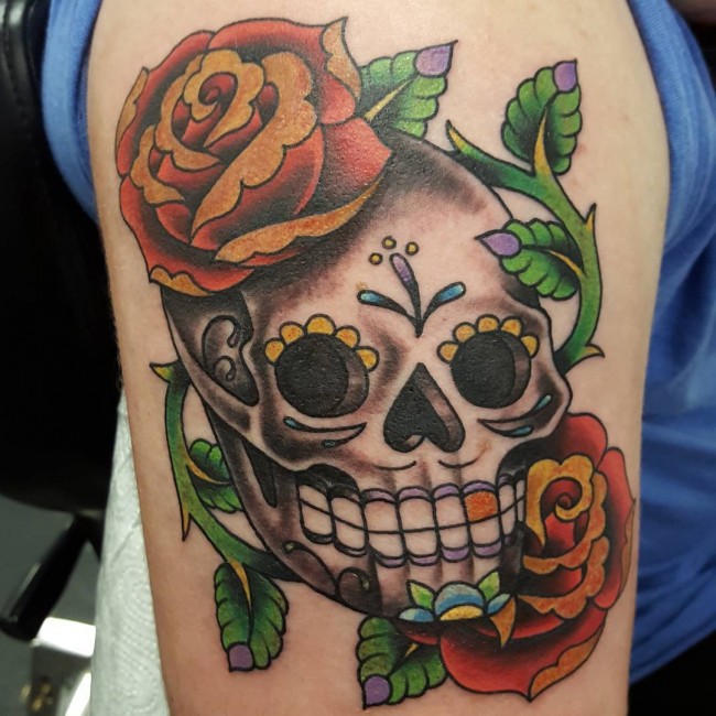 Traditional Rose And Sugar Skull Tattoo On Half Sleeve