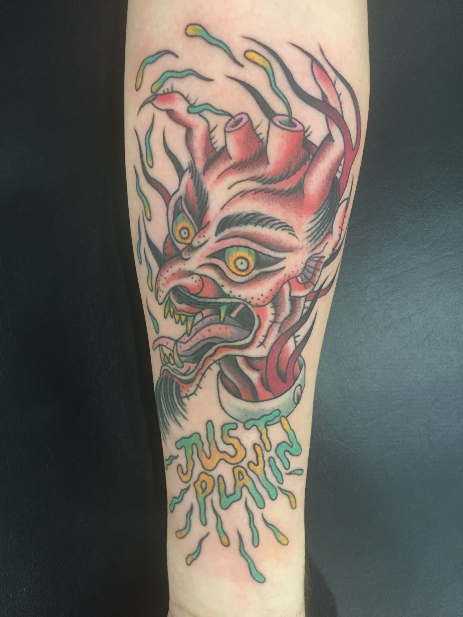 Traditional Scary Face Tattoo On Forearm By Kohen Meyers