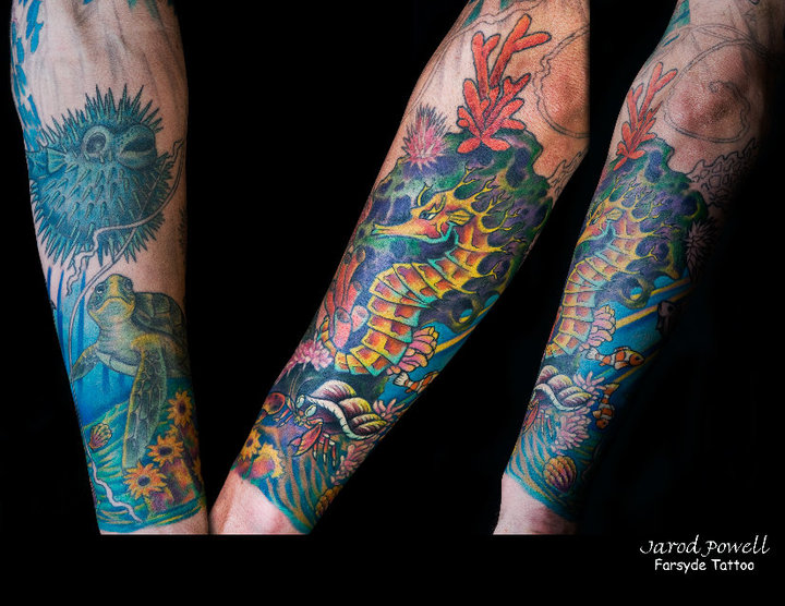 Traditional Seahorse With Turtle Tattoo On Forearm By Jarod Powell