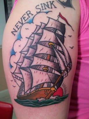 Traditional Ship Tattoo On Right Half Sleeve By Kapitoliy