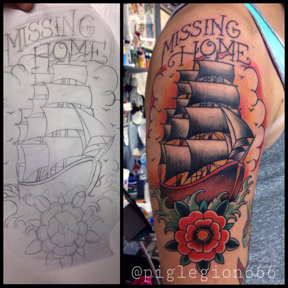 Traditional Ship With Rose Tattoo On Man Right Half Sleeve By Pig Legion