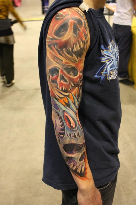 Traditional Skulls Tattoo On Right Full Sleeve By Peter Bobek