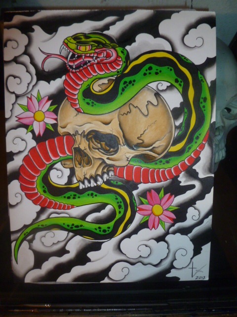 Traditional Snake In Skull Tattoo Design By Tyler Bishop