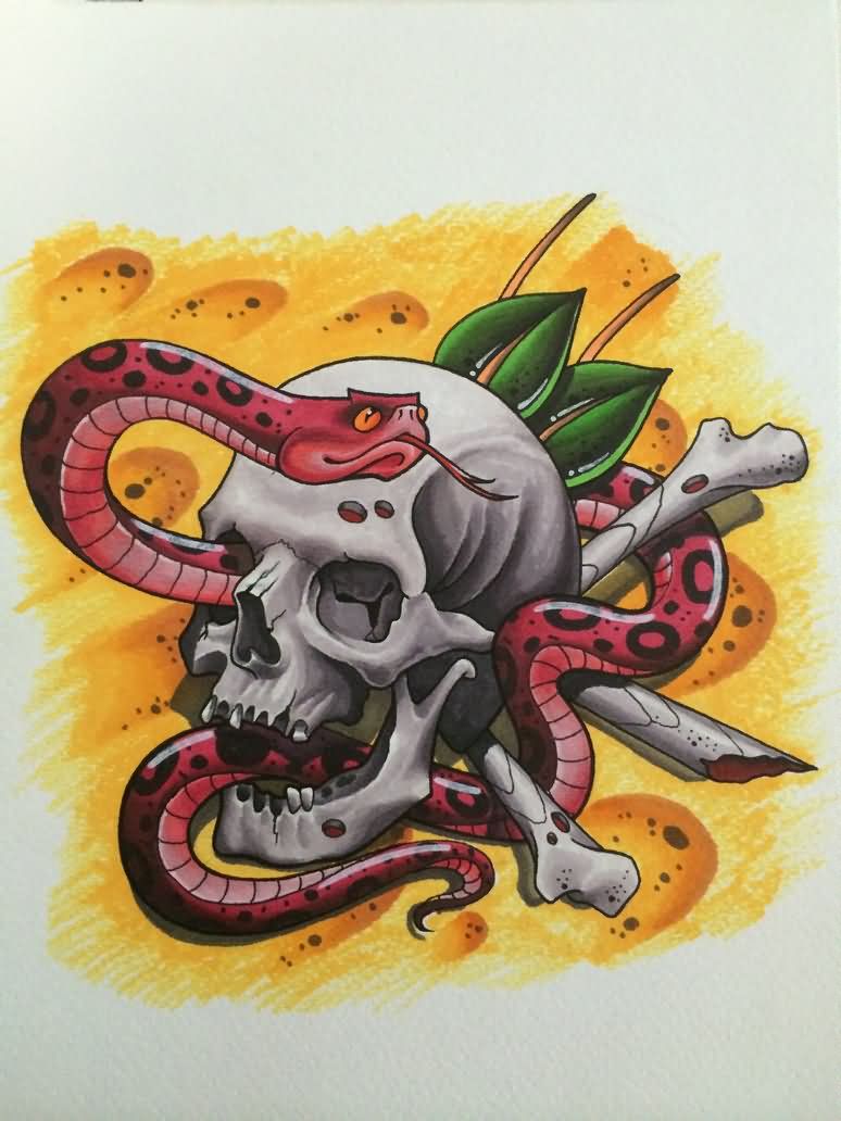 Traditional Snake With Danger Skull Tattoo Design By Kapitoliy
