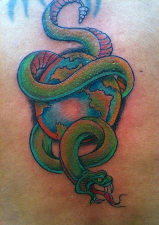 Traditional Snake With Globe Tattoo Design