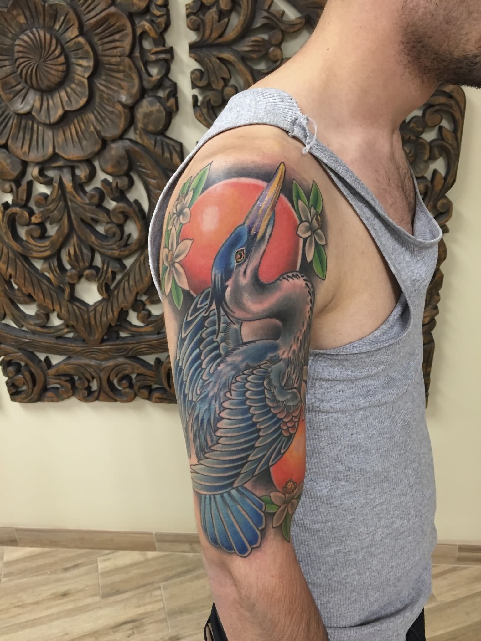 Traditional Swan Tattoo On Man Right Half Sleeve