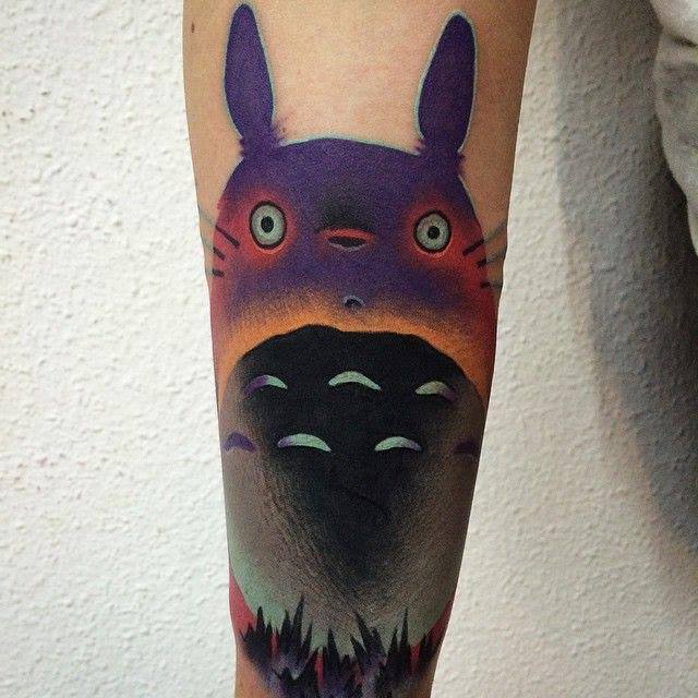 Traditional Totoro Head Tattoo On Forearm