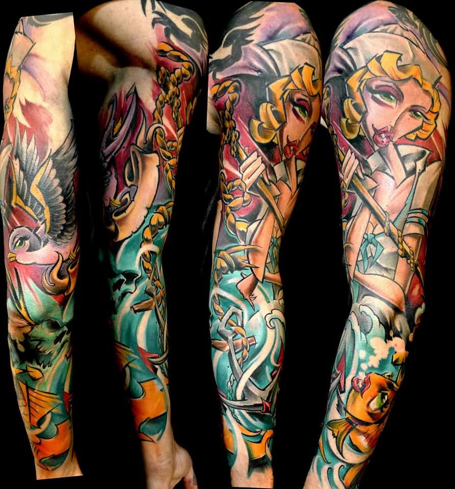 Traditional Women With Flying Bird And Anchor Tattoo On Full Sleeve