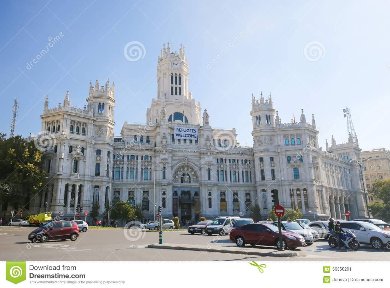 Traffic Passing Near The Cybele Palace In Madrid
