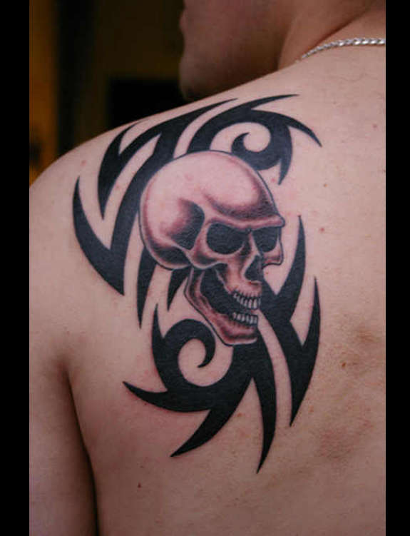 Tribal And Skull Tattoo On Left Back Shoulder