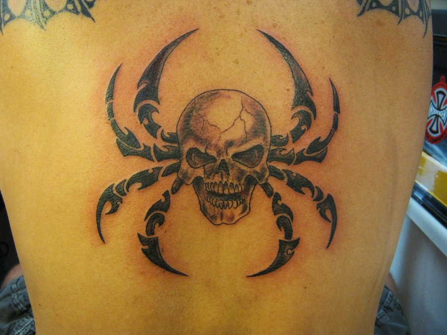 Tribal Skull Spider Tattoo On Back