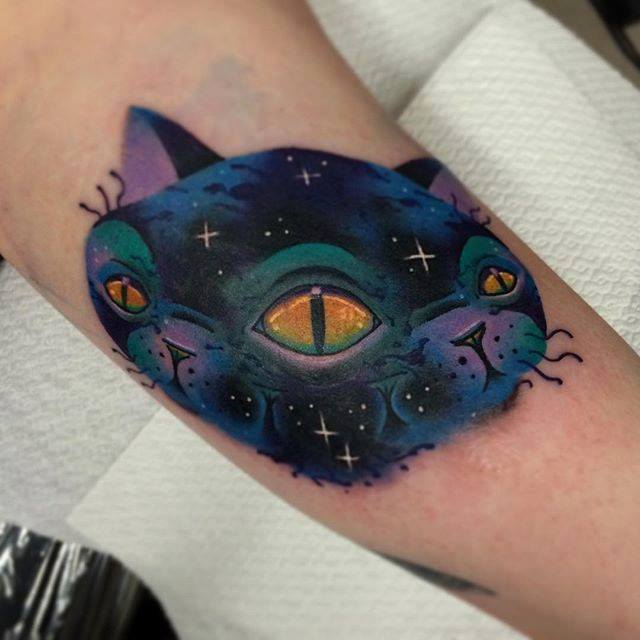 Unique Abstract Cat Head Tattoo On Half Sleeve By Giena Todryk