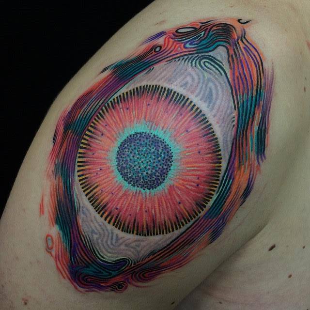 Unique Abstract Eye Tattoo On Right Shoulder