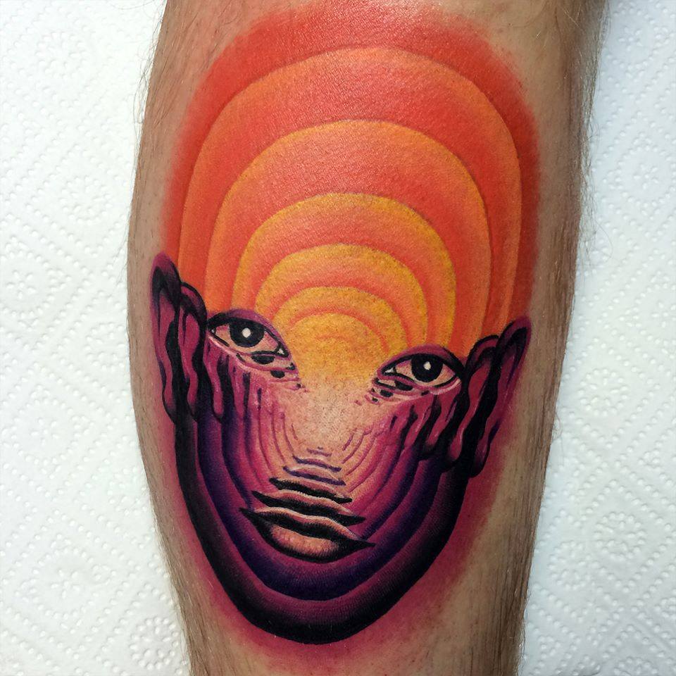 Unique Abstract Man Face Tattoo Design For Leg