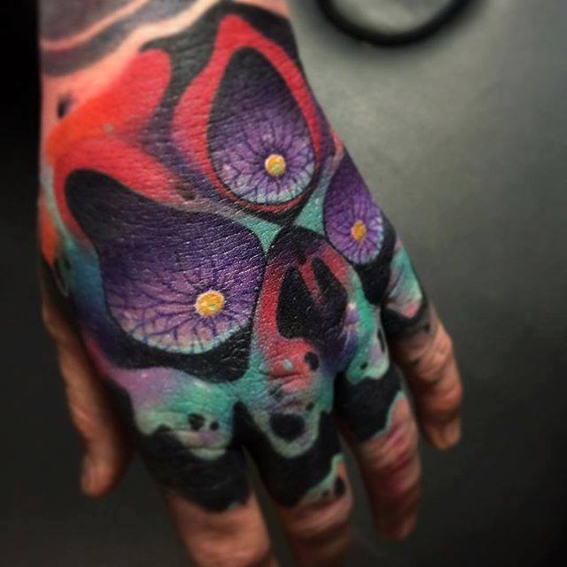 Unique Abstract Skull Tattoo On Left Hand By Giena Todryk