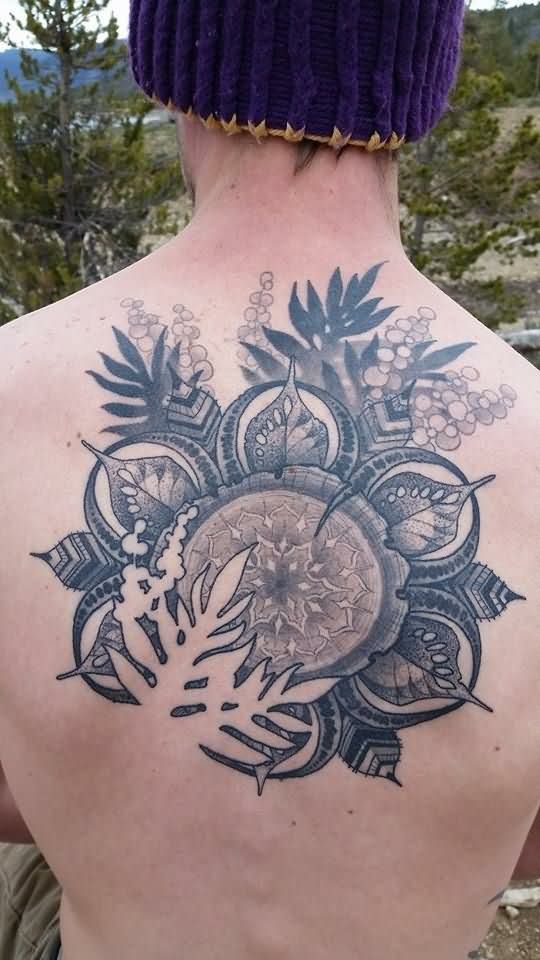 Unique Black And Grey Flower Tattoo On Man Upper Back By Ben Merrell