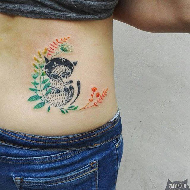 Unique Black Ink Cat Tattoo On Side Rib By Panakota