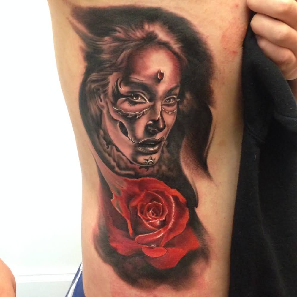 Unique Black Ink Girl Face With Rose Tattoo On Right Half Sleeve By Fabz
