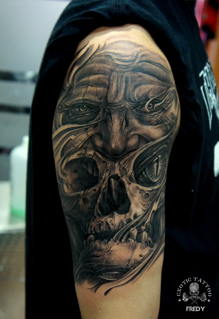 Unique Black Ink Skull Tattoo On Right Half Sleeve By Fredy