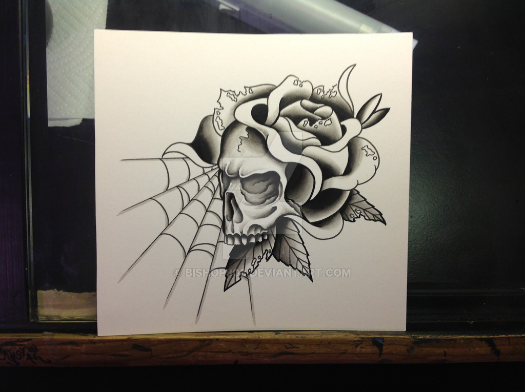 Unique Black Ink Skull With Rose Tattoo Design