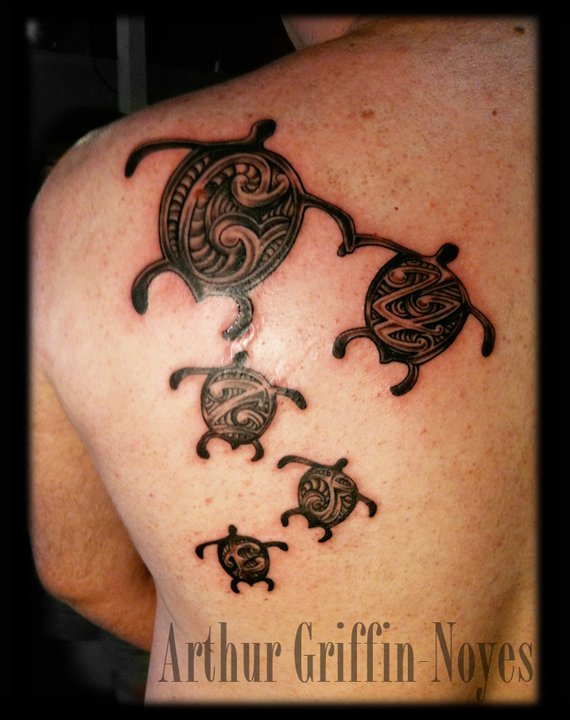 Unique Black Ink Turtles Tattoo On Man Left Back Shoulder By Arthur Griffin Noyes